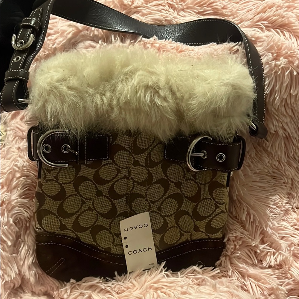 Coach Brown and Beige Fur Trim Bag